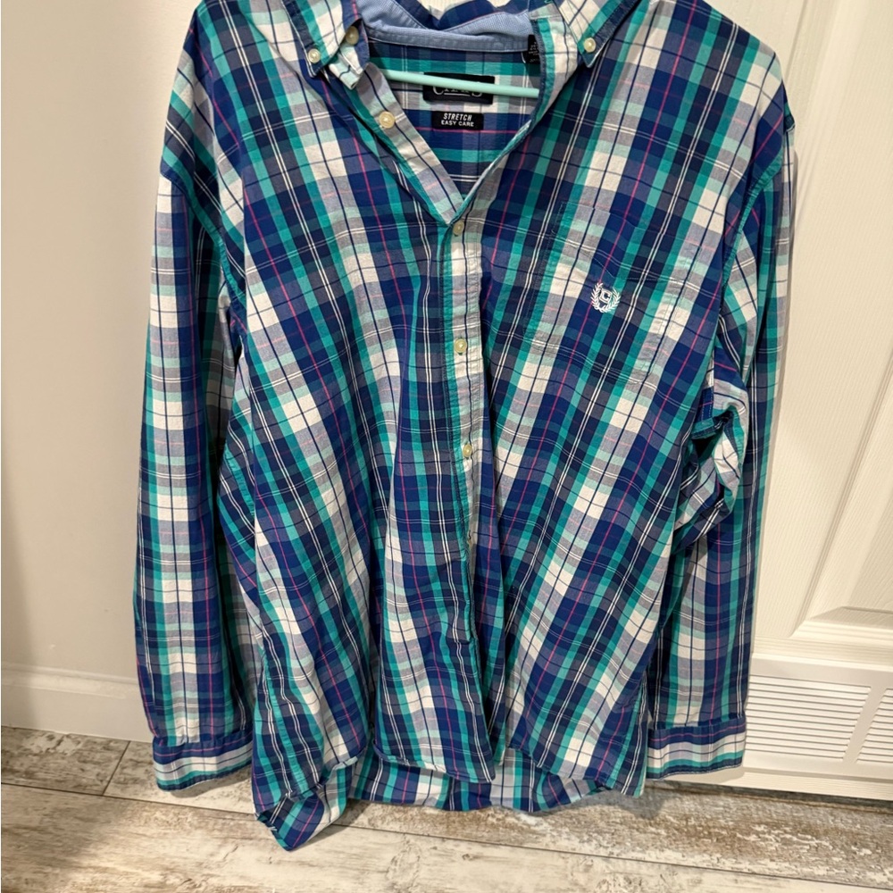Blue and Green Plaid Button-Up Shirt